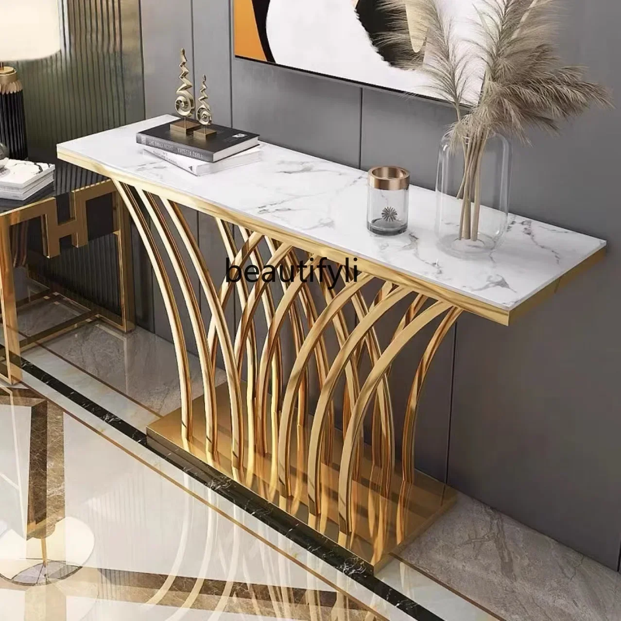 

Cy56 Nordic light luxury stainless steel marble entrance table corridor creative entrance table against the wall
