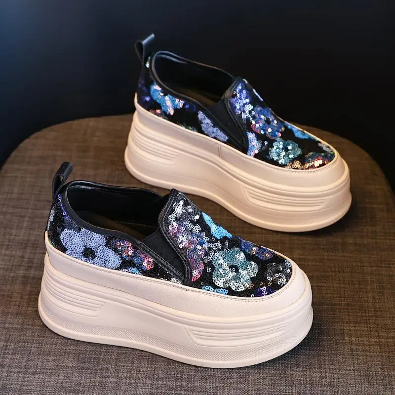 Sequin Flower Woman Platform Sneakers Wedge Shoes Female 8cm Height Increasing Ladies Breathable Cloth Casual Shoes Canvas Shoes