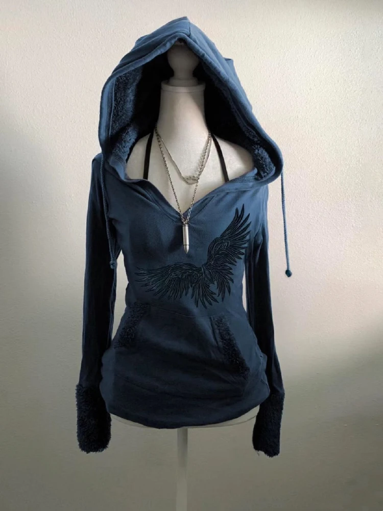 Autumn Aesthetic Vintage Slim Solid Hoodie Women High Street Y2k Long Sleeve Print Hooded Top Female Goth Chic Thin Blue Top New