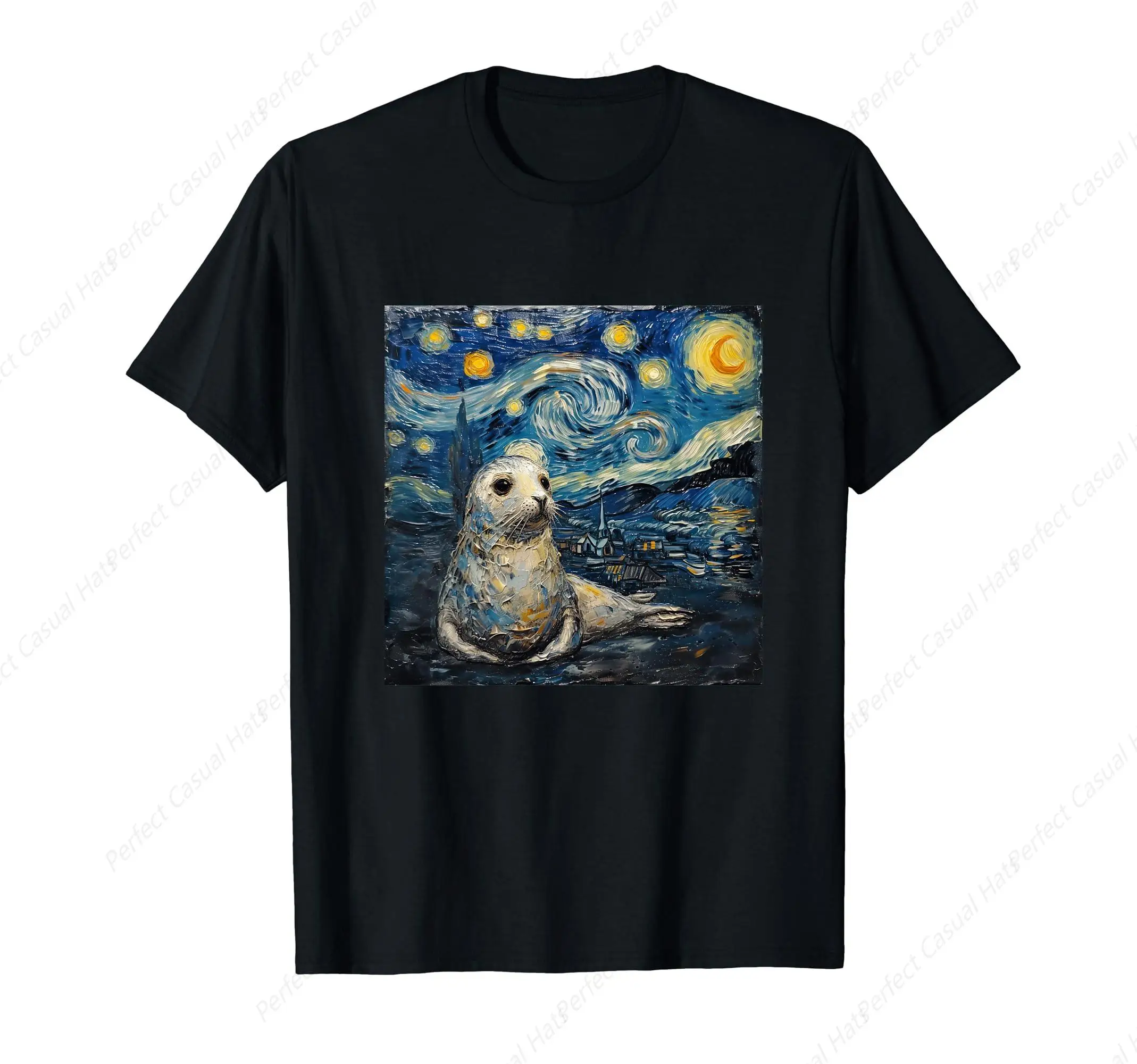 Art Seal Sea Lion Van Gogh Style Starry Night T-Shirt Cute Sea Lion Lover Gift Round Neck Cotton Tops