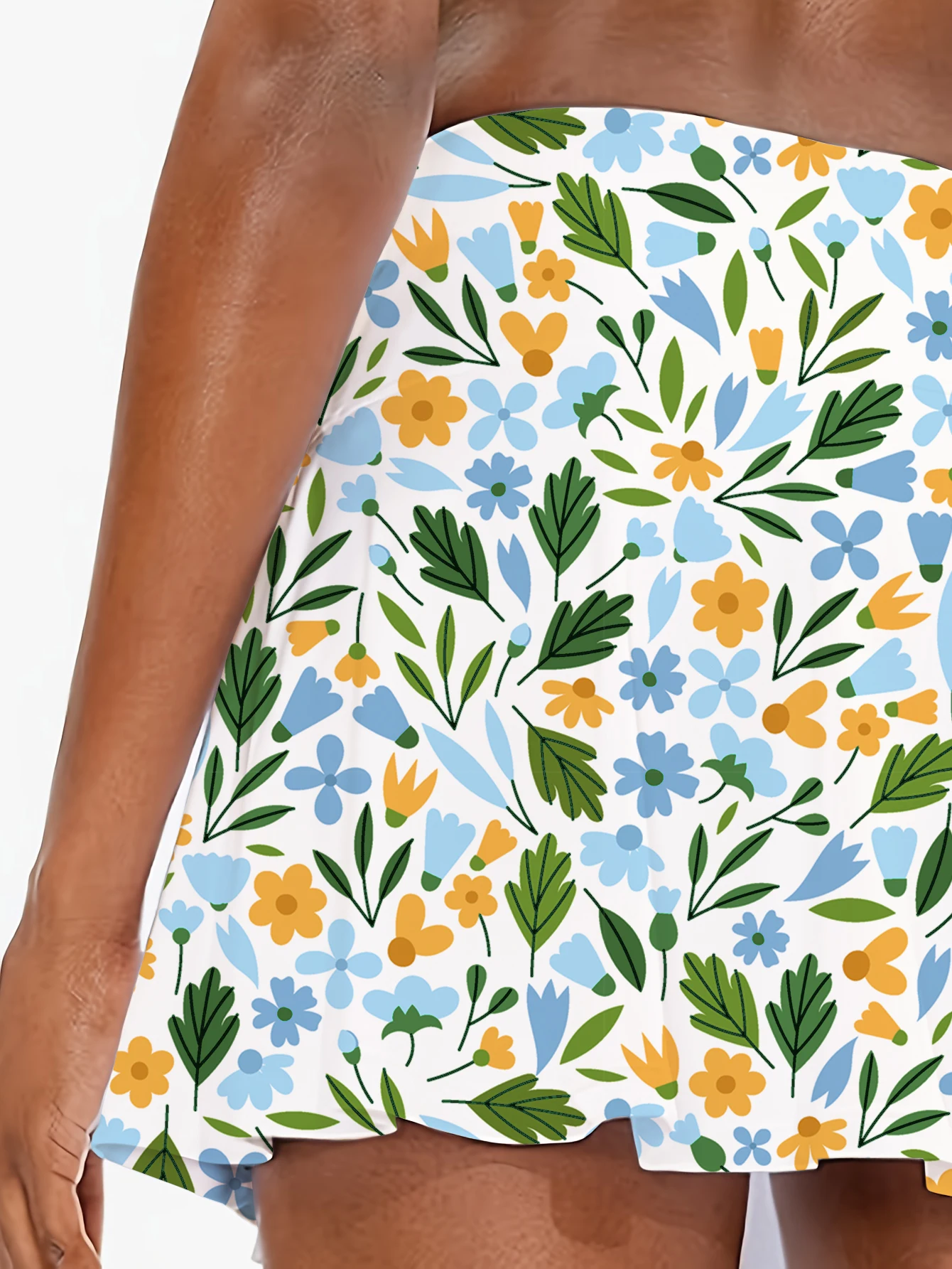 กระโปรงมินิเอวสูงพิมพ์ลายสีขาวสําหรับเด็กผู้หญิงพร้อมกางเกงขาสั้นในตัวกระโปรงกระเป๋ายางยืดลําลองสไตล์โบฮีเมียน