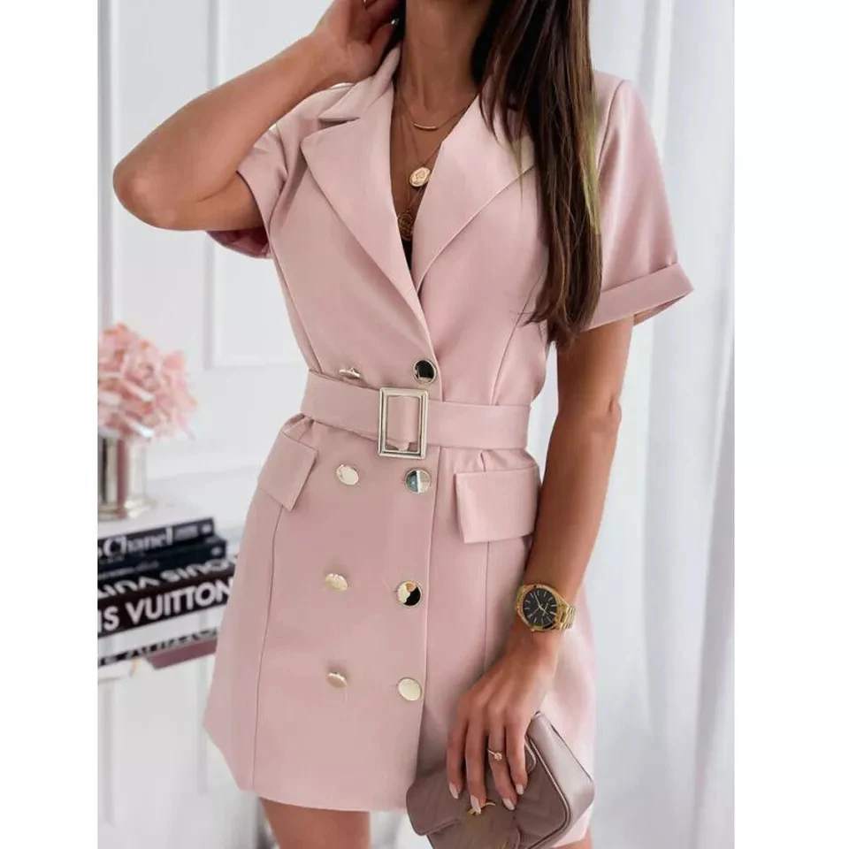 Elegant Women Solid Short Sleeve Mini Dress Summer Casual Lapel Blazer Dress Fashion Double Breasted Party Dresses With Belt