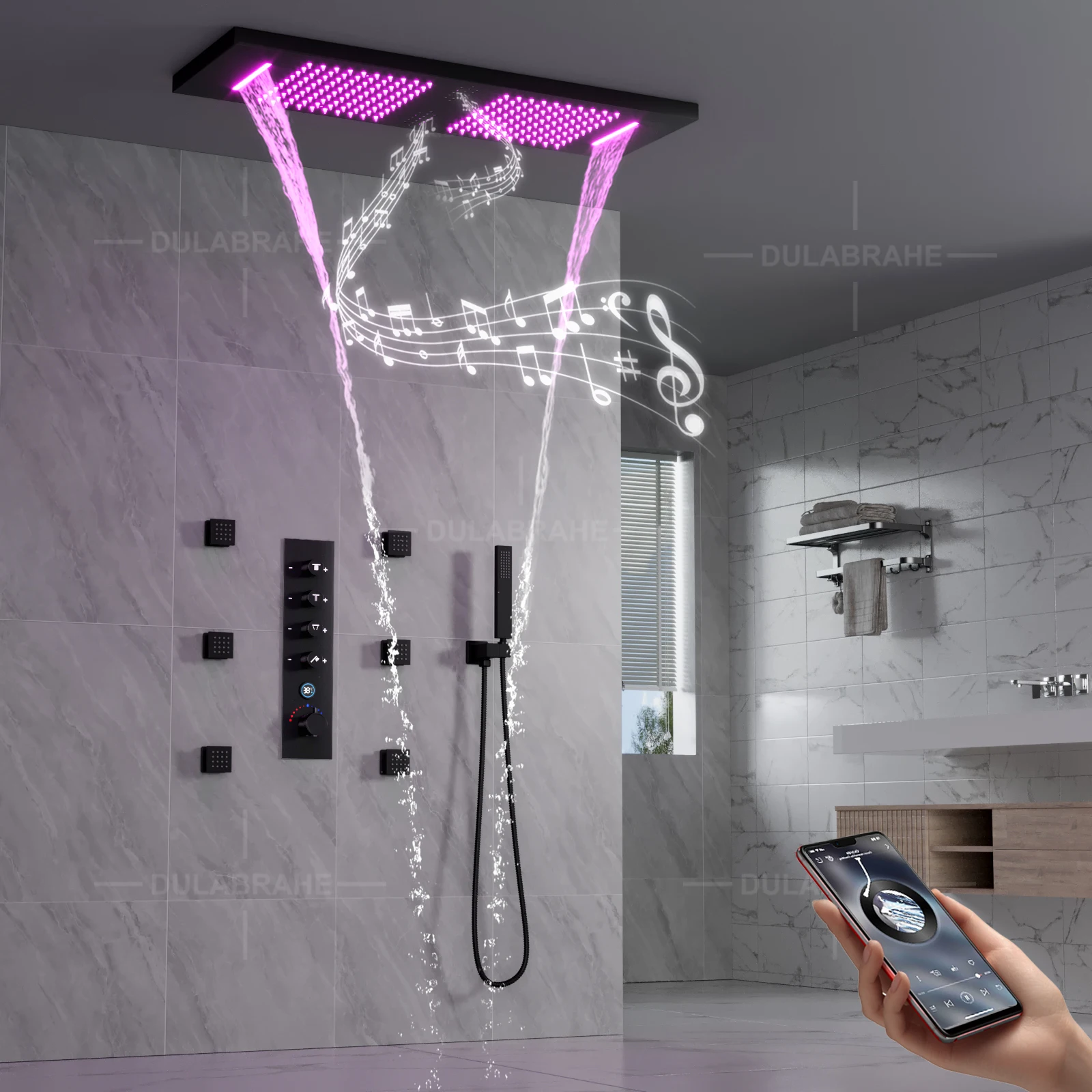 Ceiling Embedded Music LED 36*12 Inch Rain&Waterfall Shower Head Temperature Display Thermostatic Shower Faucet Set