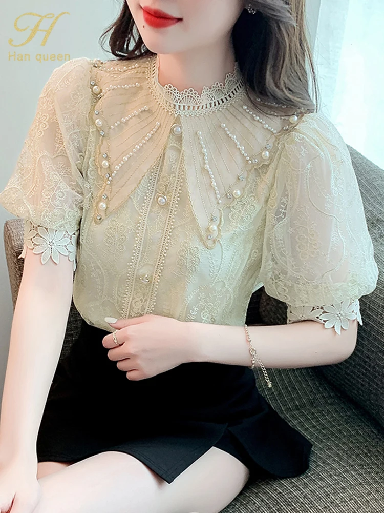 H Han Queen New Blouse Women Spring Summer Embroidery Crochet Beading Shirts Office Work Blouse Puff Sleeve Vintage Loose Tops