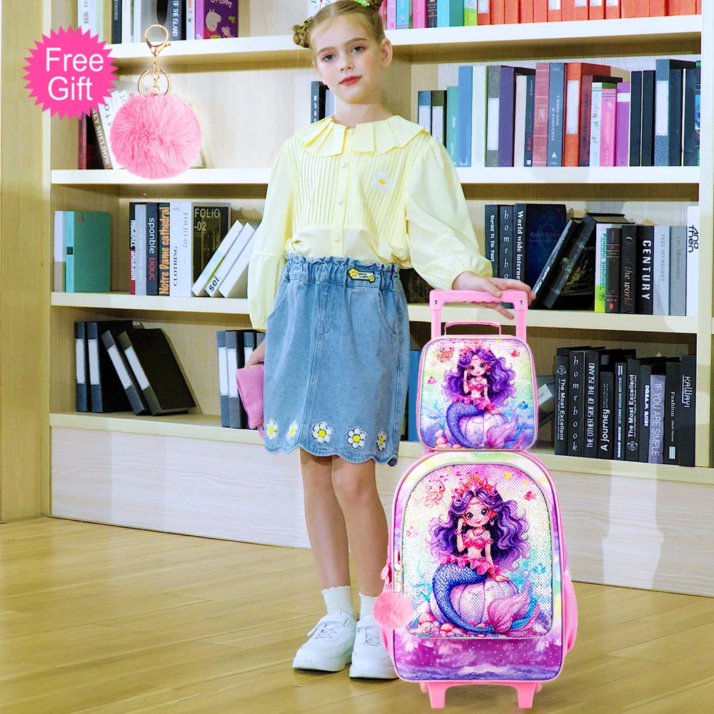 3PCS Rolling Backpack for Girls, Kids Roller Wheeled Bookbag with Lunch Box, Backpacks with Wheels for Elementary