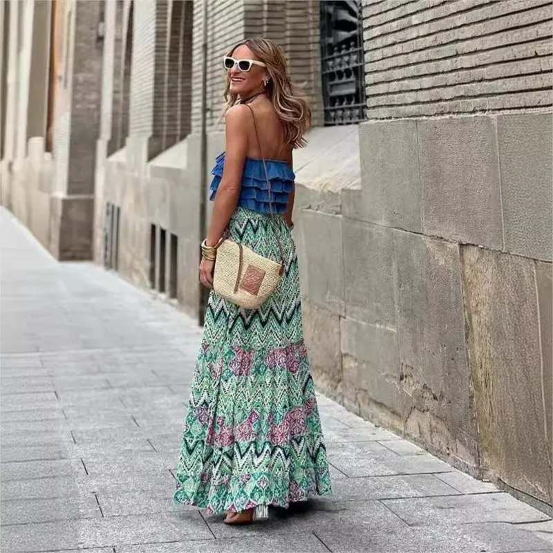 

Green Big Swing Half Skirt For Women 2024 New Product A-line Swing Flower Printed Half Skirt Ladies Beach Vacation And Leisure