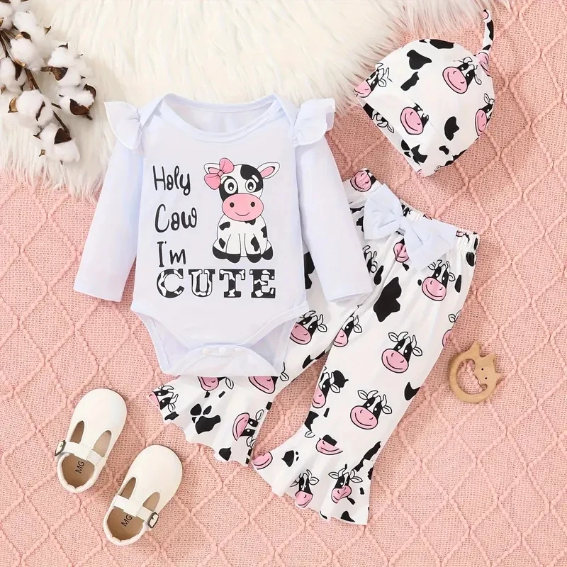 Infant Baby Cute Cow Print Set Long Sleeve Baby Romper Climbing Clothes + Bowknot Flared Pants + Hat 3pcs Set For Baby Girls