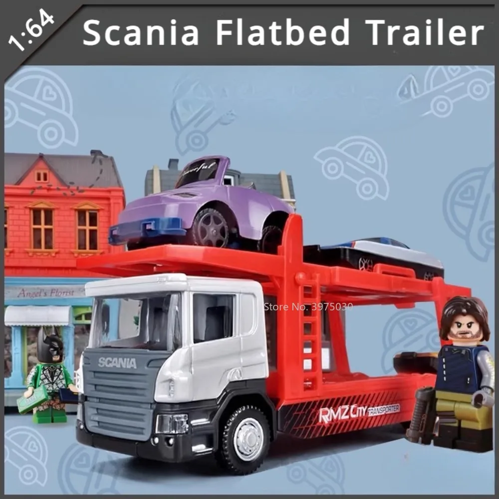 1/64 Scania Flatbed Trailer Metal Diecast Scale Car Model Toy Rubber Tire Alloy Front End Manual Taxiing Decoration Gift for Boy