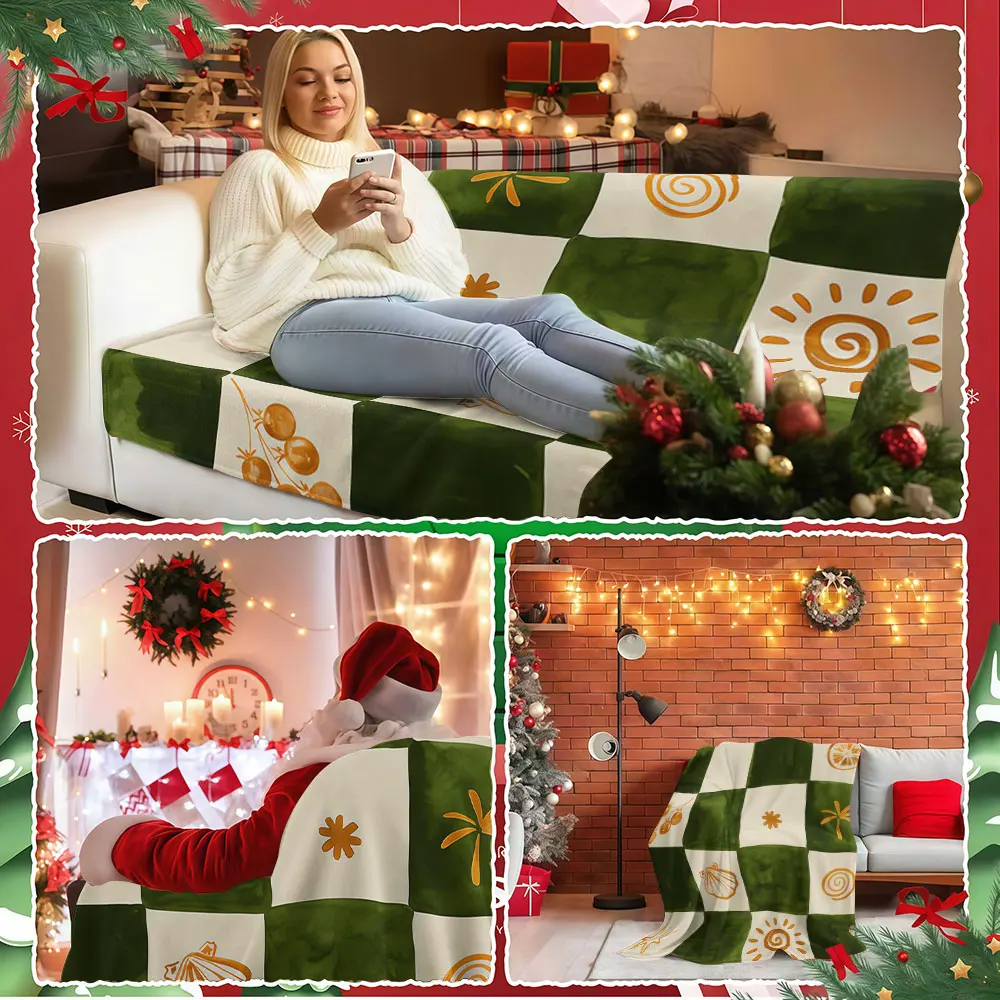 Green Orange Check Winter Summer Flannel Blanket Throw Fleece Soft Fuzzy Plush Cozy Fleece Blankets for Sofa Ideal Gifts