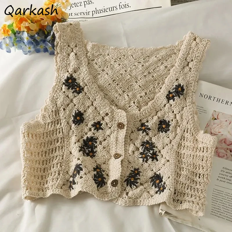 Sweater Vest Women Spring Embroidery Flower Solid Crop Chic Fashion Students Simple Kawaii All-match Ulzzang Ladies Hot Sale Ins