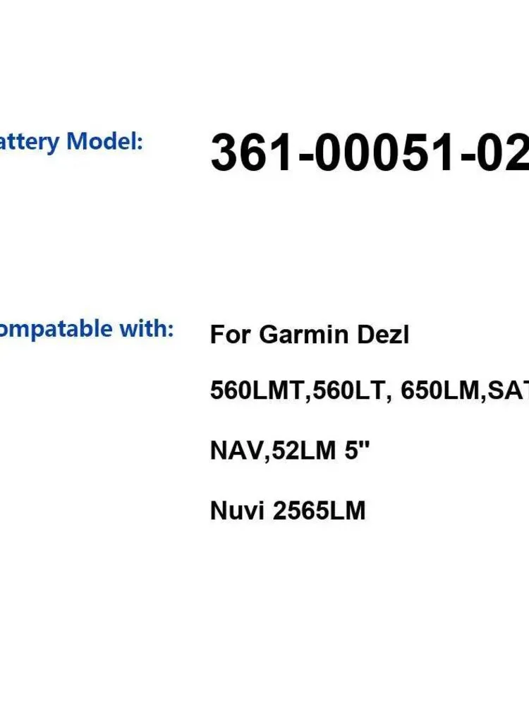 بطارية جهاز ملاحة السيارة 361-00051-02 Nan For Garmin Dezl 560LMT، 560LT 650LM Sat Nav 52LM 5 بوصة Nuvi 2565LM