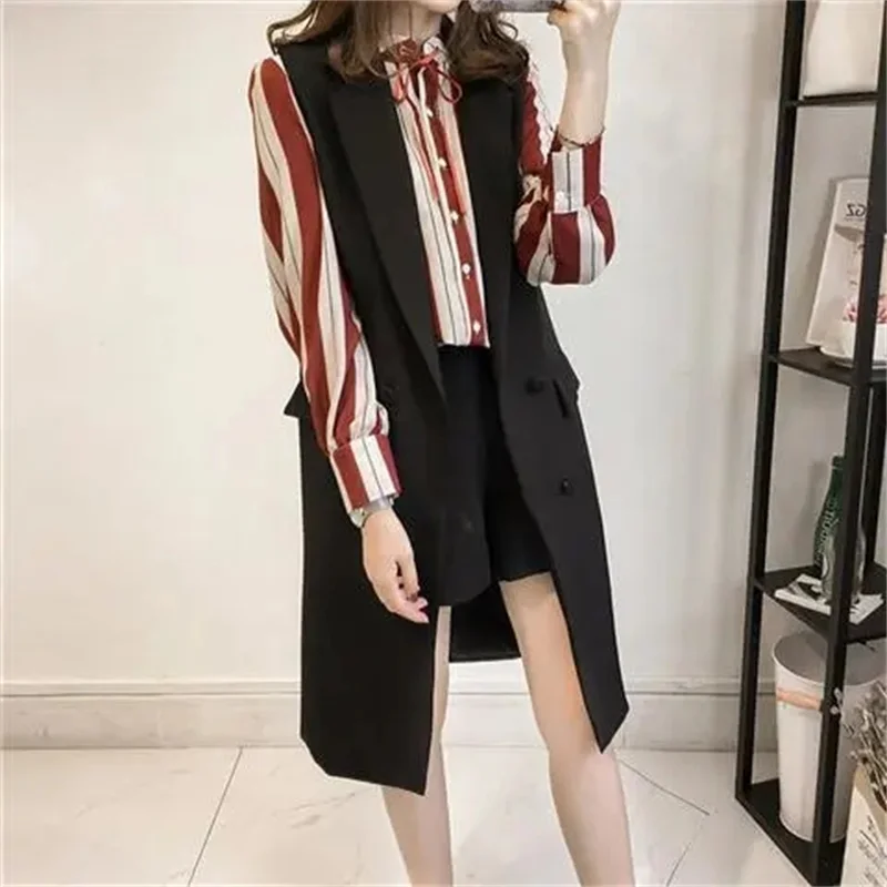 2024 New Casual Blazer Women Vest Office Lady Long Suit Vest Spring Autumn Female Pockets Waistcoat Sleeveless Jackets Coats