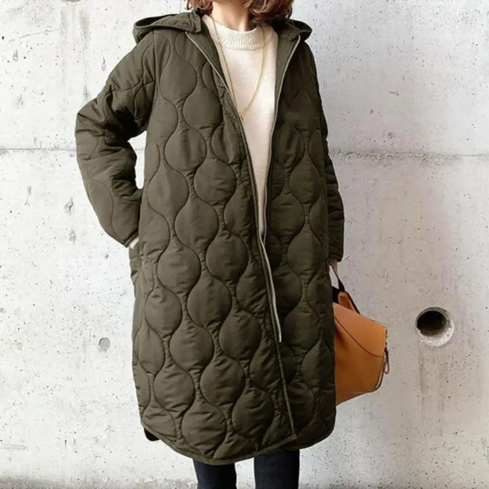 Fall Winter Women Parkas Rhombus Texture  Zip-up Padded Hooded Coat Long Sleeves Mid Length Loose Coat Women\'s Clothing