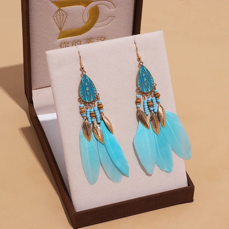 Bohemian Ethnische Lange Feder Ohrringe Boho Wasser Tropfen Gold Farbe Kette Quaste Ohrringe für Frauen Braut Hochzeit Schmuck – Detail 17
