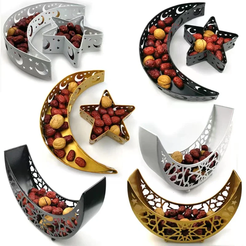 

Ramadan decoration Service Iron Tray Moon Star Metallic Eid Plate For Party Supply Decor