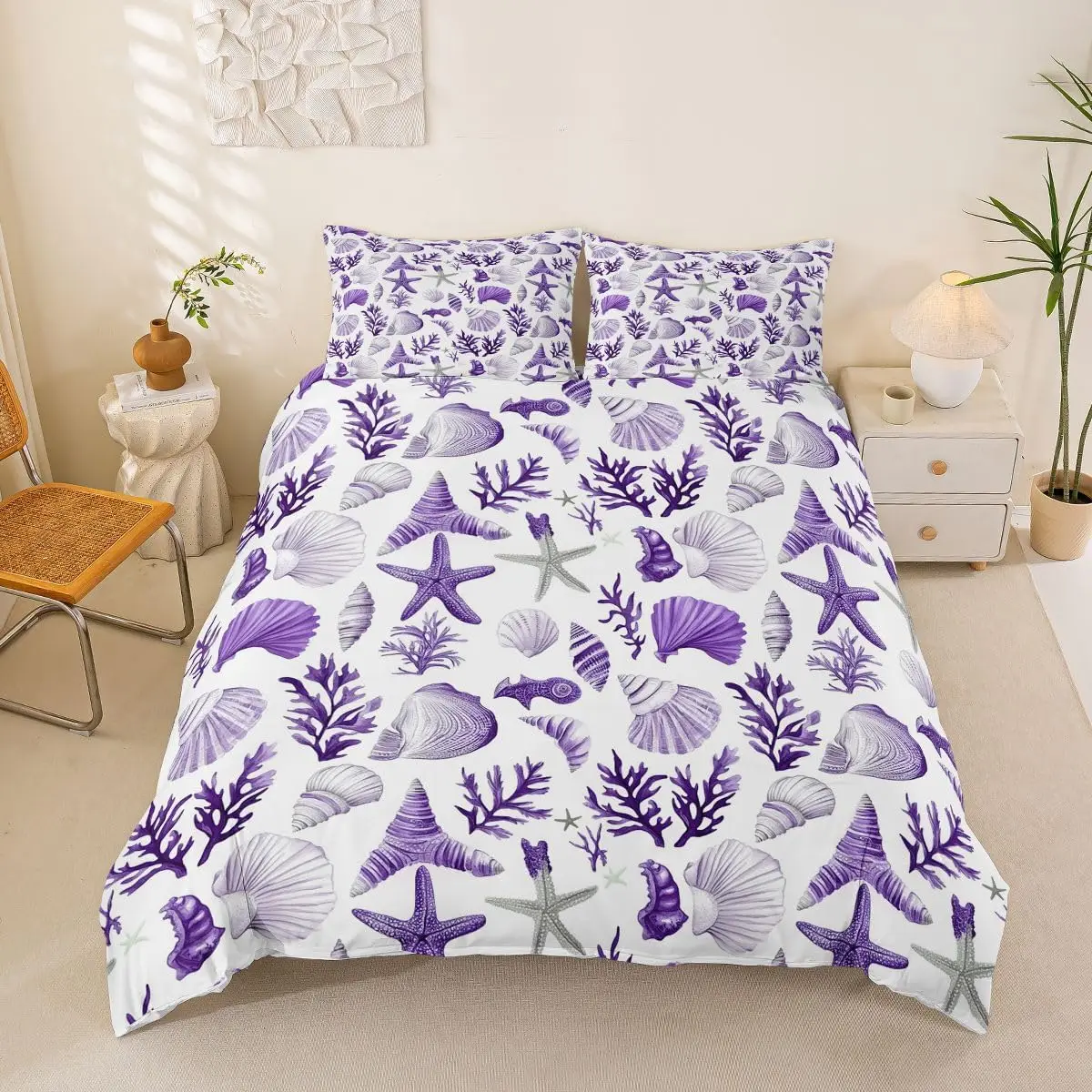 Ocean Purple Coastal Coral Single Bedding Starfish Shell Duvet Cover Set Marine Animal Quilt Cover Sea Turtle Conch Bed Sets