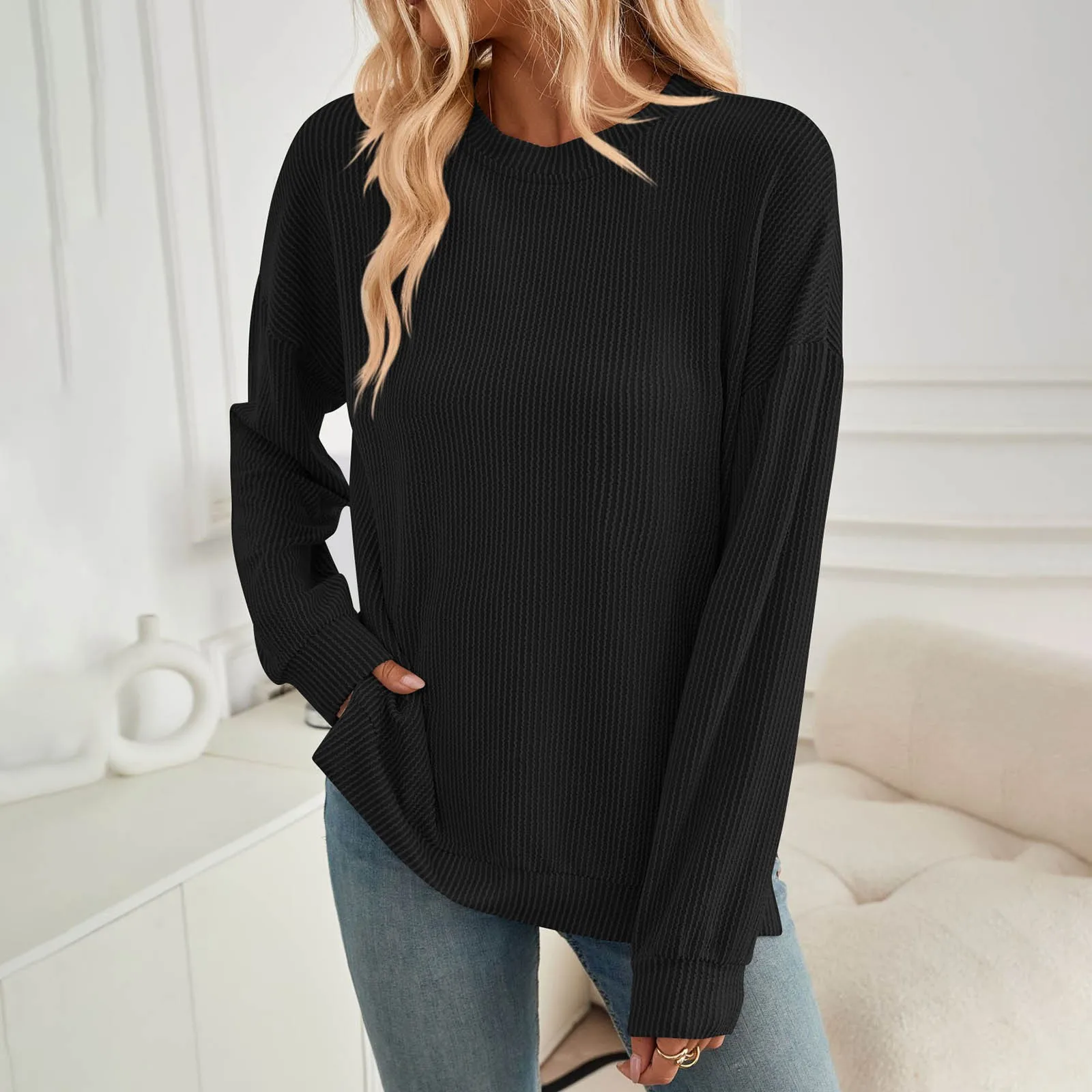 

2024 New Striped Sweatshirt For Women Casual Solid Color Round Neck Hoodies Long Sleeve Autumn Pullovers Tops Bluza Damska