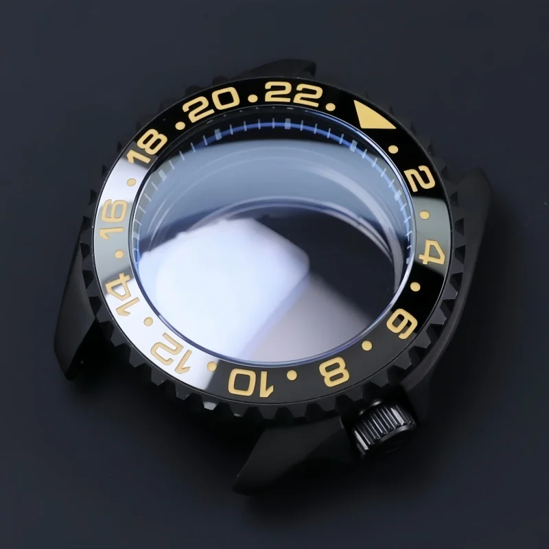 

42mm Matte Black Brushed Steel Watch Case With Sapphire Crystal, Gmt Black Gray Ceramic Bezel Insert For Nh34 Nh35 Nh36 Movement