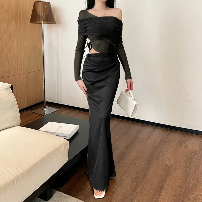 Spring and summer new slash neck mesh patchwork sexy long sleeved dress for women