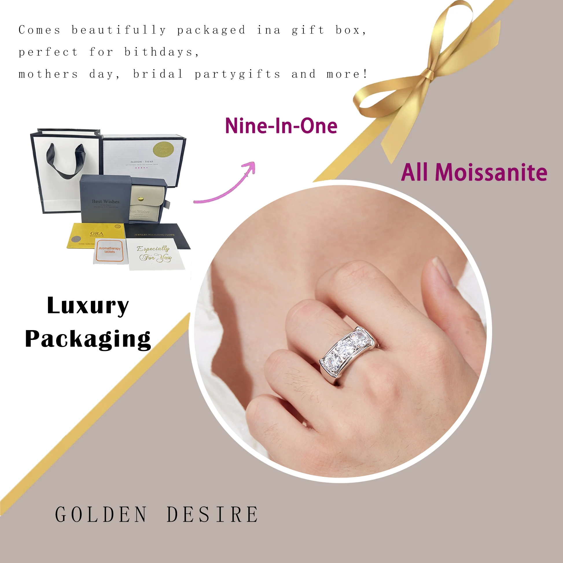 خاتم مويسانيتي ثلاثي الحجر من CTW مصنوع من الفضة الإسترليني عيار 925 ومطلي بالذهب عيار 18 قيراط وشريط كلاسيكي رائع يأتي مع شهادة GRA #2