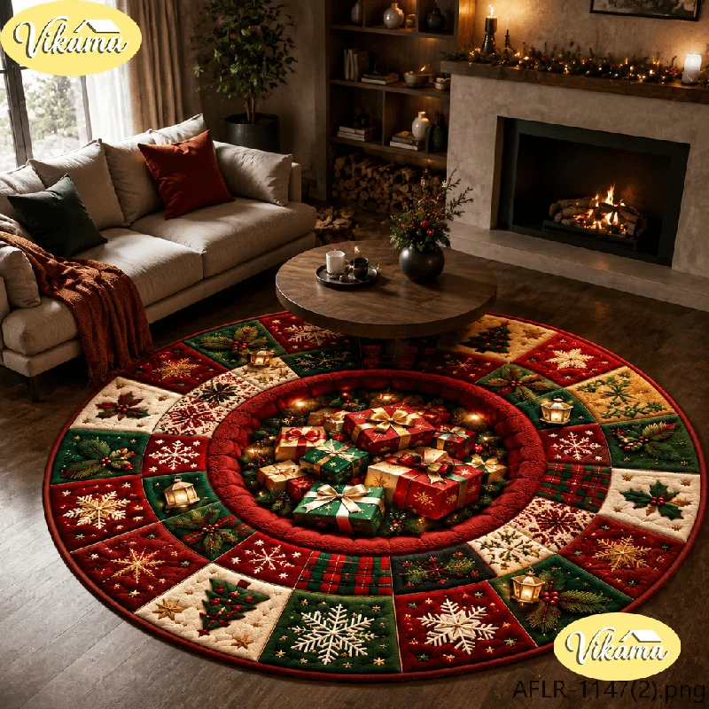 VIKAMA Round Holiday Living Room Rug, Christmas Gift Box Print Fireplace Carpet, Living Room and Bedroom Home Decor, Festive Mat