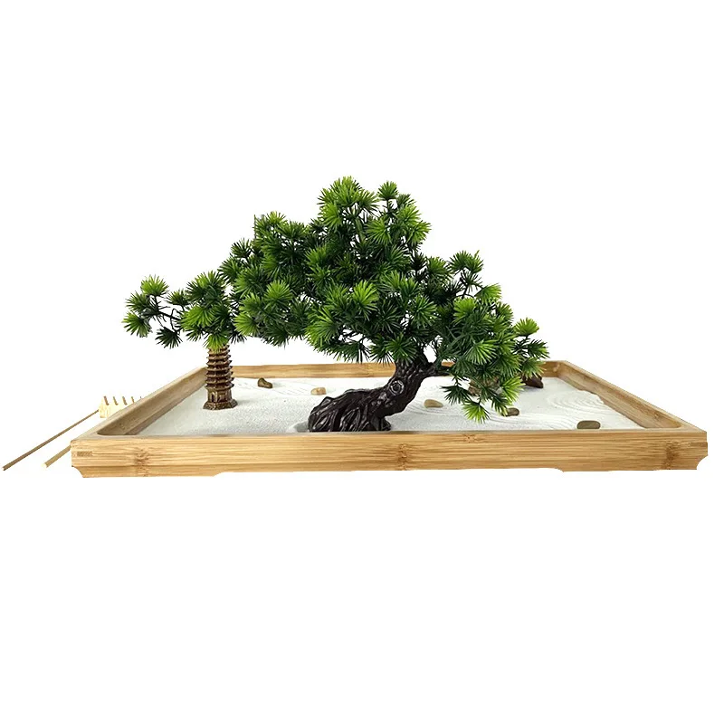 

Simulated Plants Decorated Sand Table Bamboo Realistic Workmanship Dry Landscape Sand Table Office/Home Decor