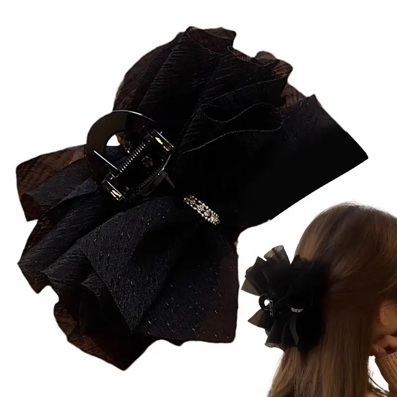Lace Mesh Bow Claw Clip Large Strong Grip Nonslip Hairdressing Claw Black Or White Elegant Hair Accessories For Thick Thin Hair