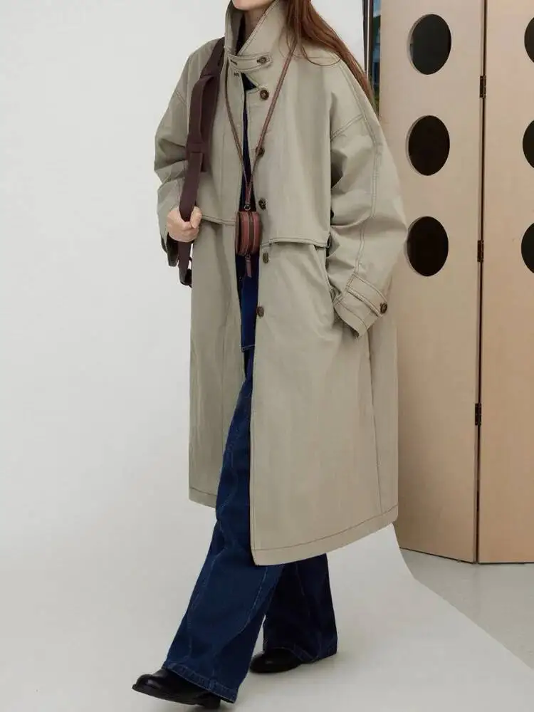 TLXT-Chaqueta cortavientos larga informal con cuello levantado para mujer, ropa de abrigo ligera de talla grande de Color sólido con bolsillos