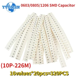 Kit de puzzles SMD, 16 valeurs, 320, 0603, 0805, 10P-1206 M, 226, 102, 103, 104, 10P, 33P, 47P, 105 P, 220P, 470 pièces