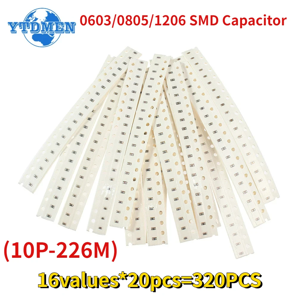 320 SZTUK 16 wartości 0603 0805 1206 Zestaw kondensatorów SMD 10P-226M Zestaw kondensatorów próbkowych 102 103 104 105 10P 33P 47P 220P 470P