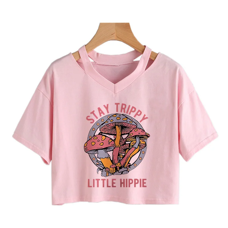 Damen Sexy Mode T-Shirt mit Lustigem Pilz-Print, Kurz Geschnittenes Grafik-T-Shirt, Vintage Crop Tops im 90er Y2K Stil