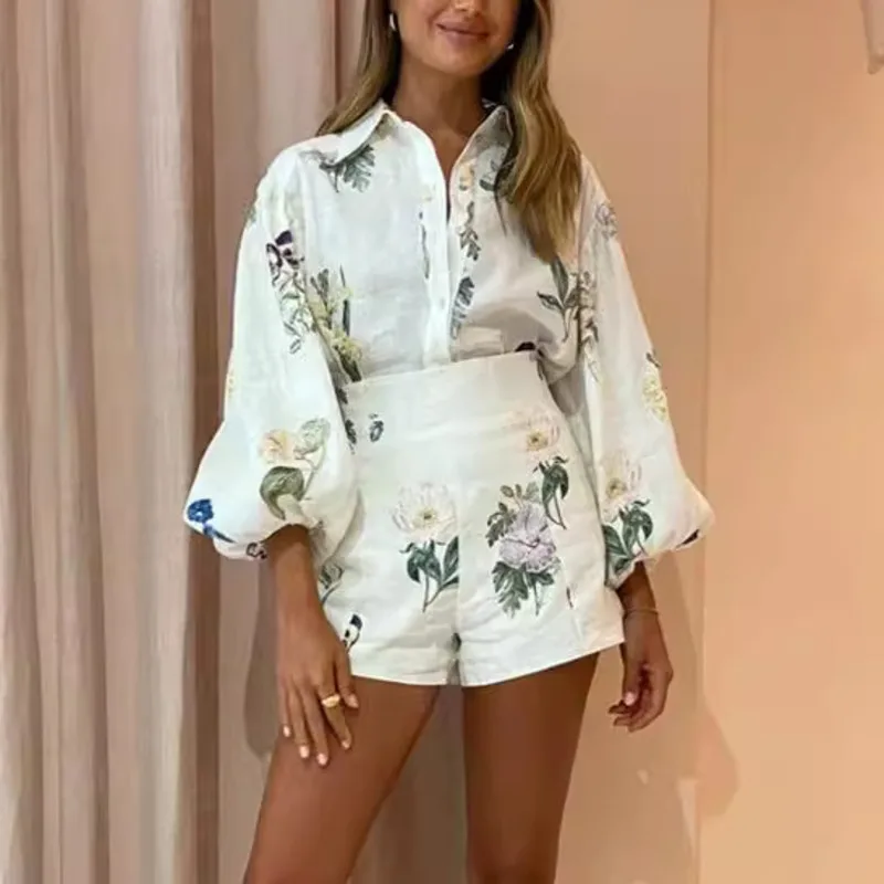 

Fashion Shirt Linen Print Casual Temperament Set For Women Summer Temperament Elegant Long-sleeved Shirt And High Waisted Shorts