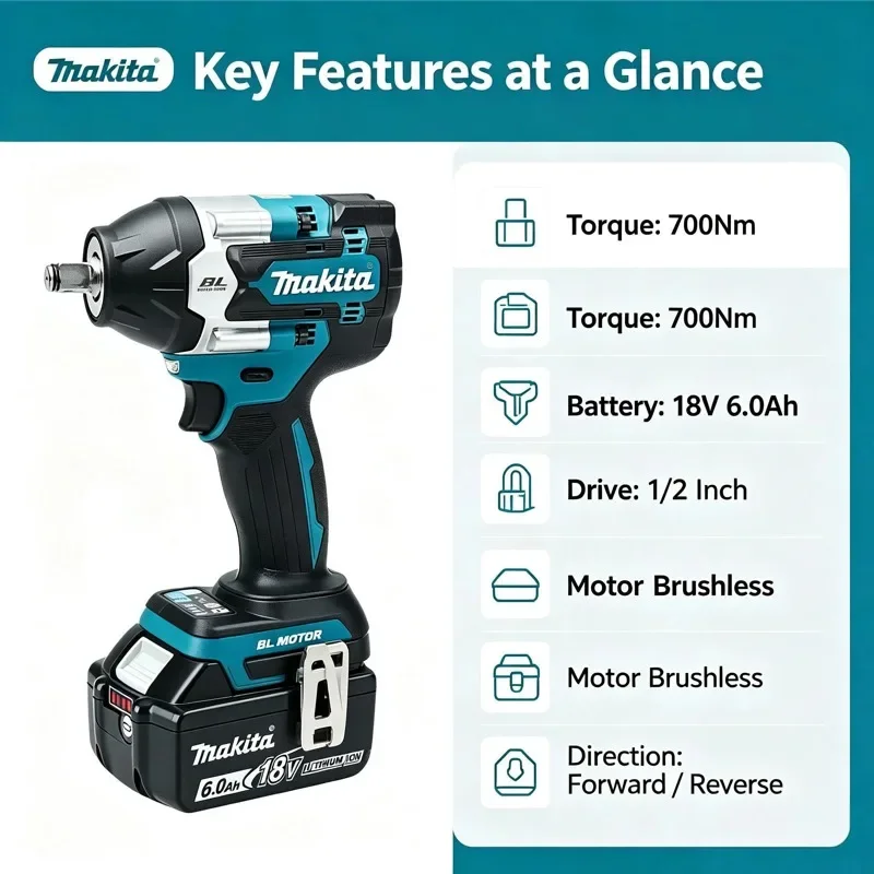 Kabelloser Bürstenloser Schlagschrauber Makita DTW700 18V Elektrisch 1000Nm Variable Geschwindigkeit Auto-Stopp-Funktion Hohe Effizienz Langlebig, 18V 6Ah Akku