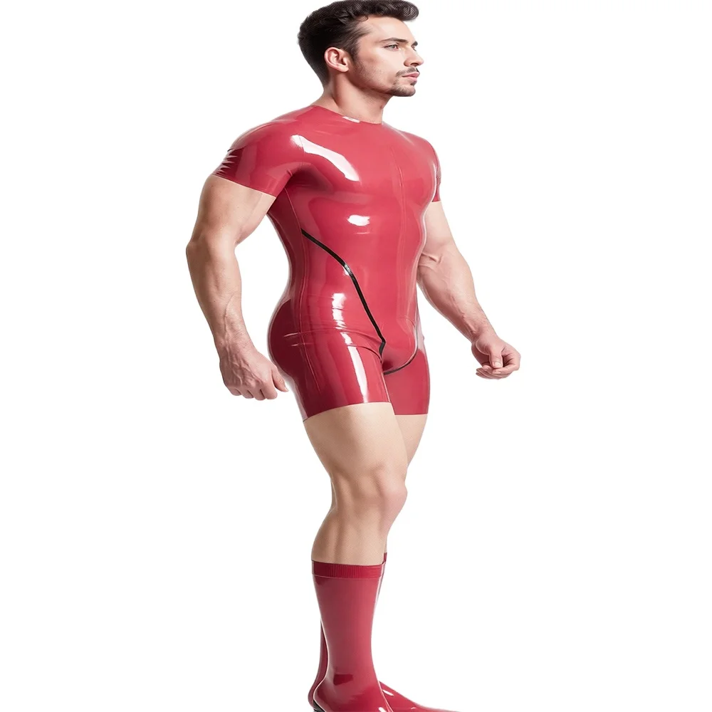 Red Latex Bodysuit for Men - Form-Fitting Rubber Short Sleeve Jumpsuit with Back Zipper Detail Party Club wear