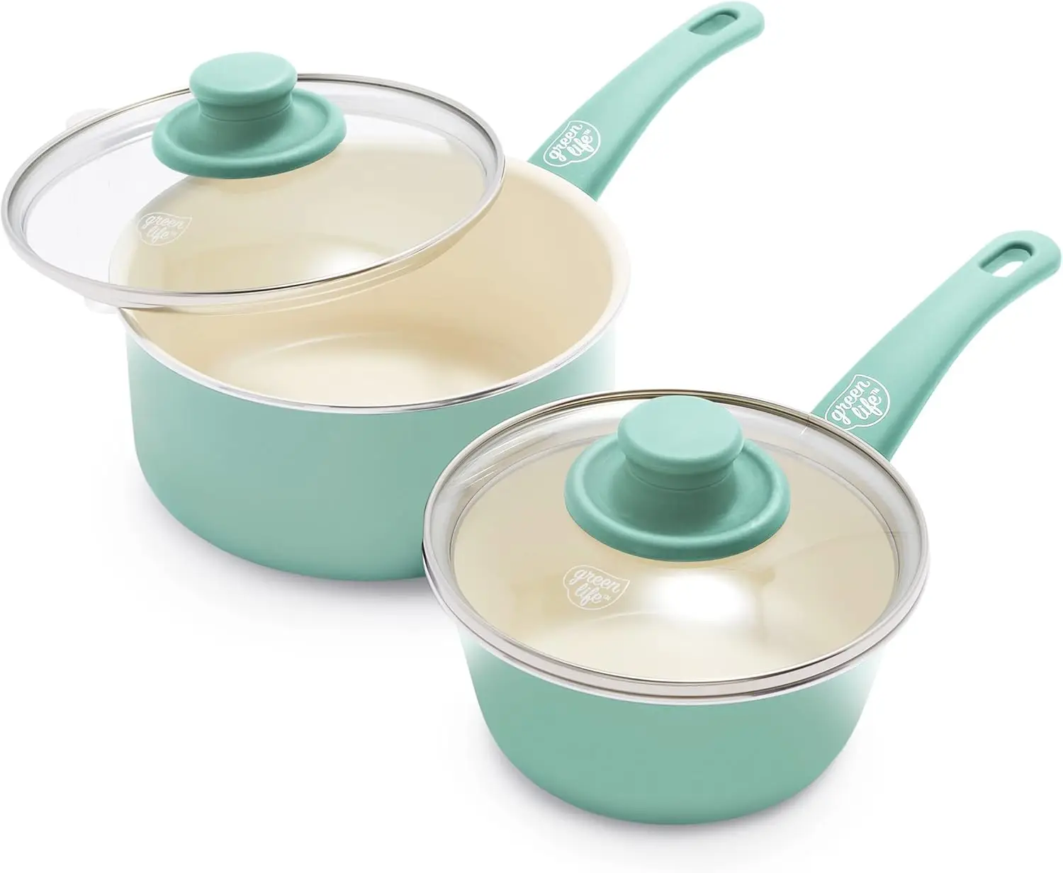 

Soft Grip Healthy Ceramic Nonstick, 1QT and 2QT Saucepan Pot Set with Lids, PFAS-Free, Dishwasher Safe, Turquoise and 2 Piece Cu