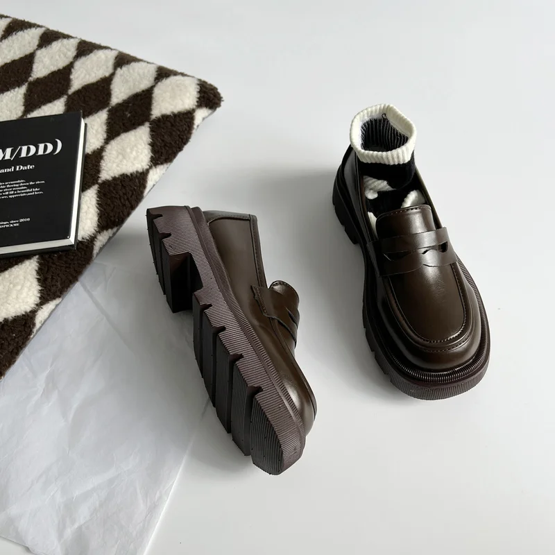 CINESSD Woman Leather Loafer Slip on Middle Chunky Heels Loafers Black Brown Women Shoe Platform Office Lady Pump Lolita Shoes