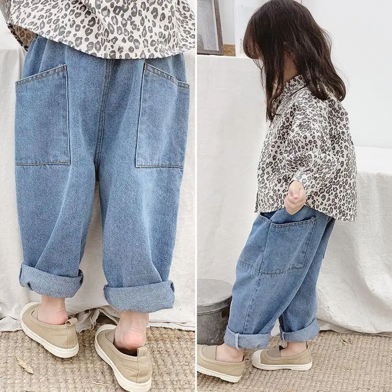 

Autumn Children Girl Jeans Loose Casual Patched Pockets Infant Babys Girl Straight Pant Solid Elastic Wiast Kid Girl Denim Pants