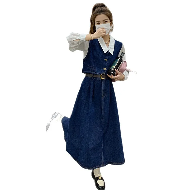 طقم مكون من قطعتين على الطراز الفرنسي لخريف 2025 تصميم جديد سترة جينز قصيرة الصدر واحدة + نصف تنورة #5