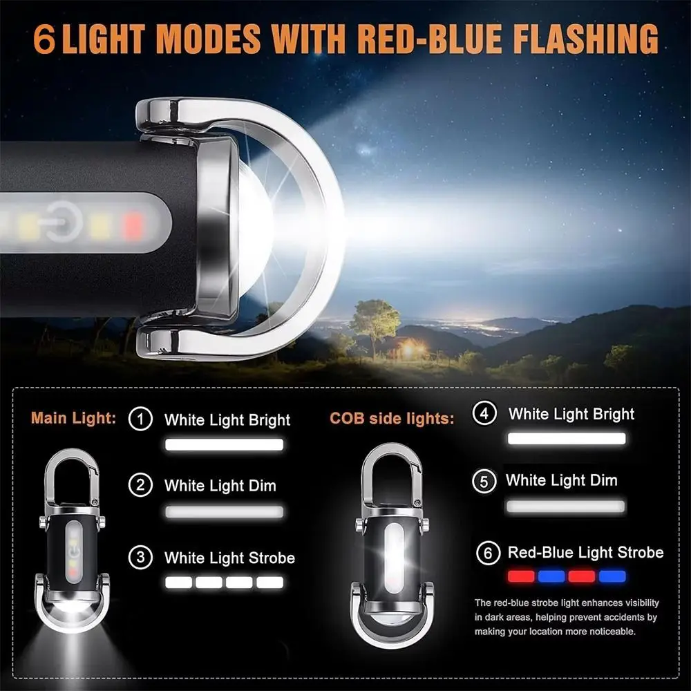 with Red&Blue Light Mini Keychain Flashlights USB Rechargeable Portable LED Torch Ultra Bright Camping Lantern Searching Hiking