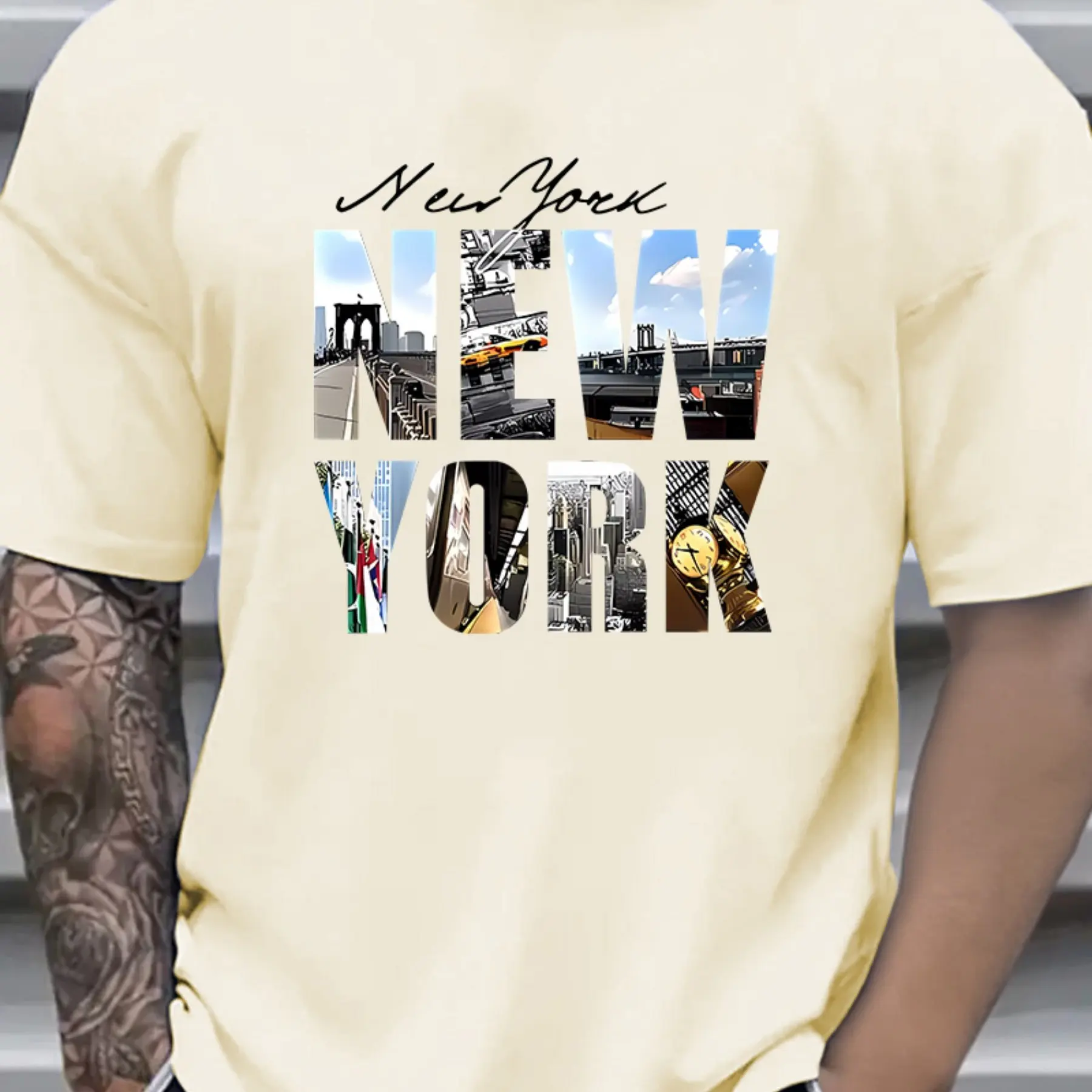 Men's Summer Cotton Fashion Casual Loose New York Pattern Print Sports Round Neck Short-sleeved T-shirt Top Casual Comfortable