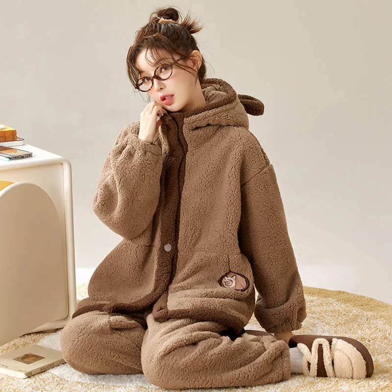 

Осенне-зимняя женская пижама из кораллового флиса с капюшоном, сохраняющая тепло, утепленная одежда для сна на флисовой подкладке, свободная однотонная пижама, домашний костюм