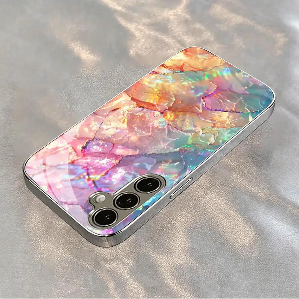 Colored Abstract Crystal Silver Electroplated Edge Glass Back Case For Samsung Galaxy S25 S26 S24Ultra S23Plus S22 Phone Shell