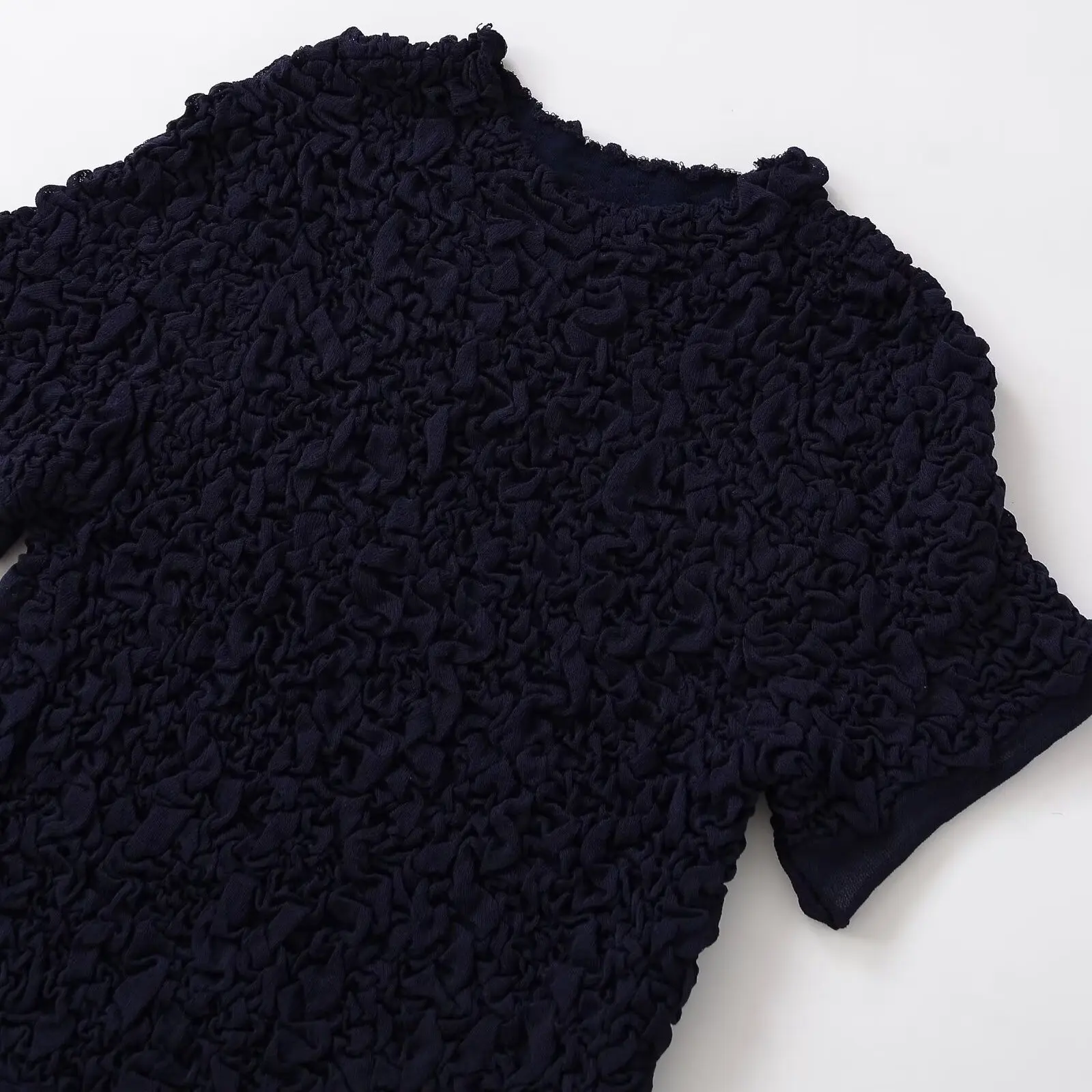 KASLEAD 新しいレディースファッションテクスチャードニットシャツラウンドネックトップバタフライノット半袖ポリエステル繊維 392076