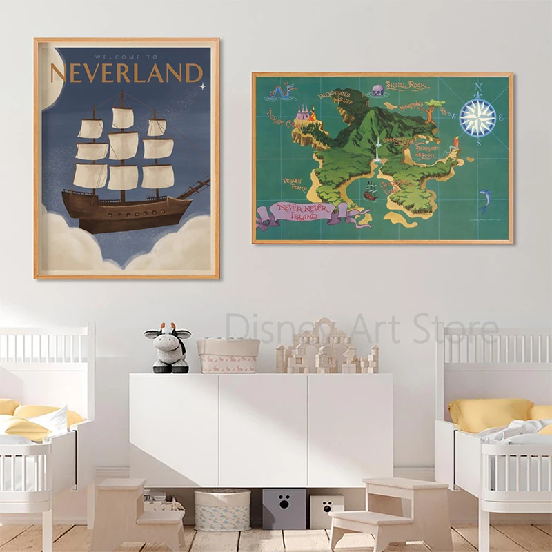 Peter Pan NeverLand Map Poster Canvas Painting Vintage Travel Posters Retro Nursery Decoration Pictures For Literary Kids Room