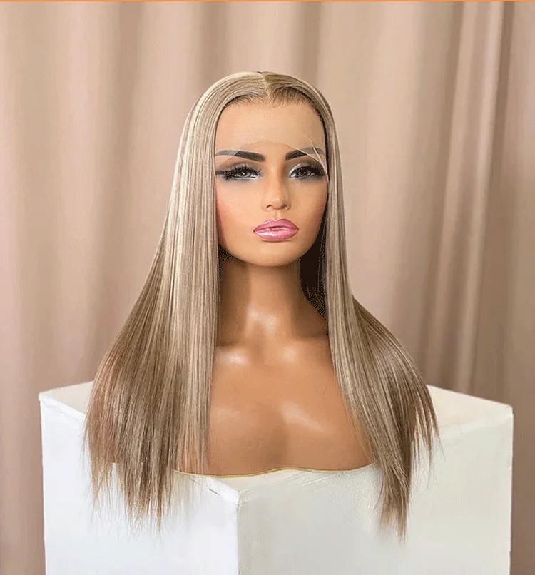 

Synthetic Lace Front Front Wig Brown Mix Blonde Streaks 13×4 Synthetic Glueless Wig Long Straight High Quality Natural Lace Wig