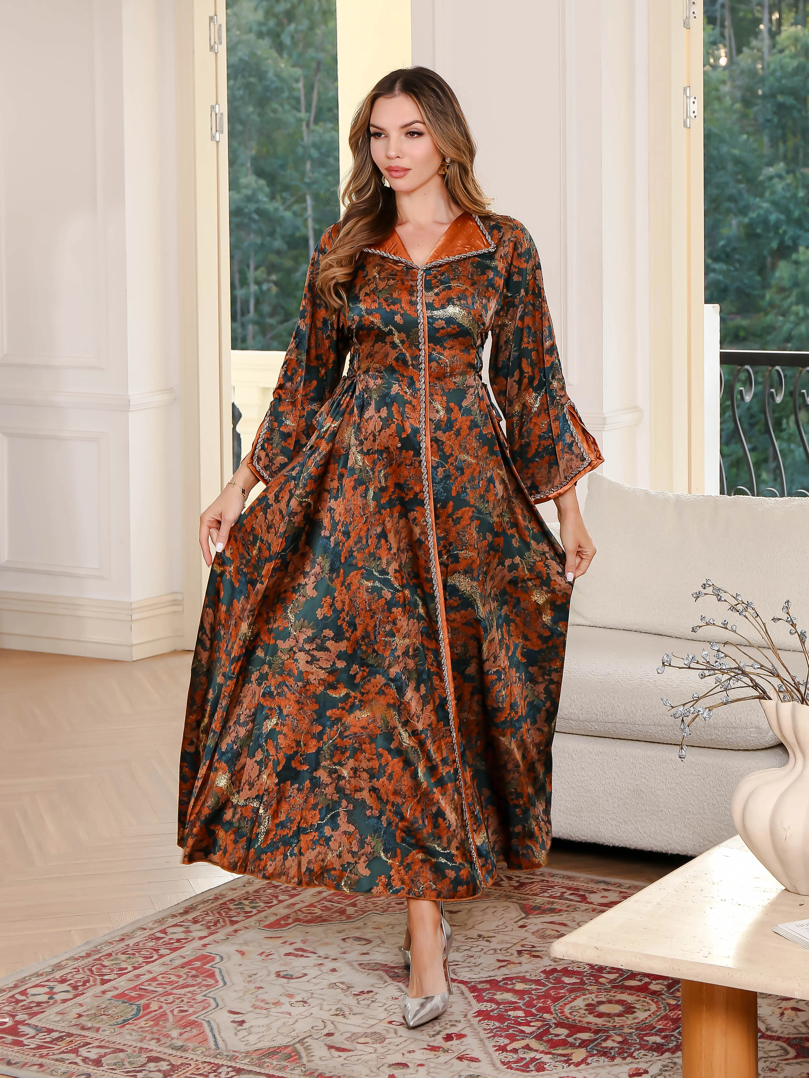 

Elegant Plus-Size Floral Maxi Kaftan with Hijab - Lightweight Polyester, Long Sleeve, Open Front Cardigan for Women - Ideal for