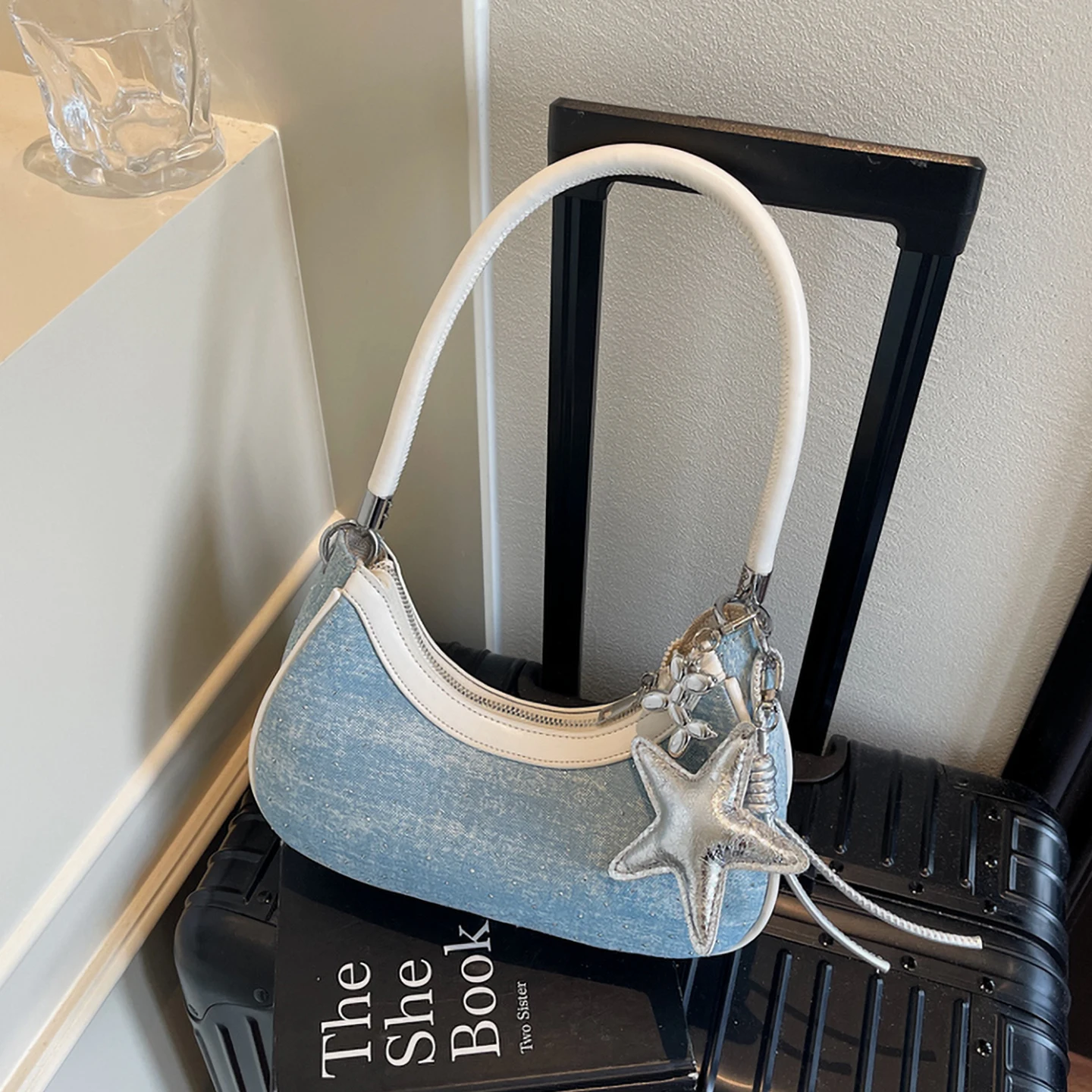 Fashion Diamond Denim Underarm Bag for Women French Texture Versatile Commute One Shoulder Crossbody Bag Exquisite Party Handbag