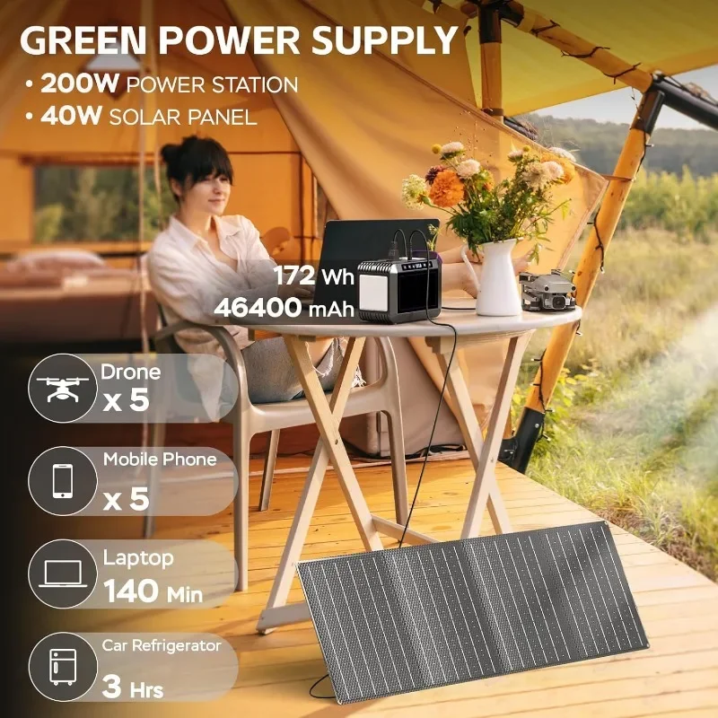 Solar Generator with Solar Panel Included Portable Power Station 200W with 400W Set for Camping Outdoor Hiking Fishing Emergency