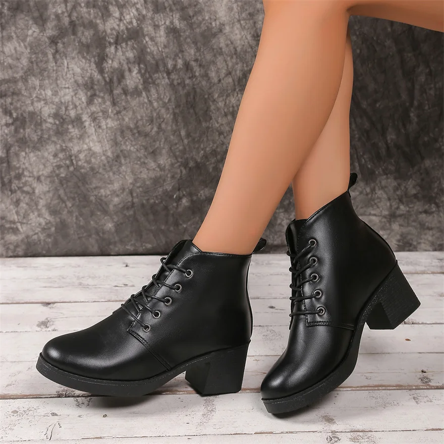

Black Thick Heel Casual Lace-Up Ladies Work Boots New Autumn Soft Leather Pointy Toe High Heels Shoes Women Platform Ankle Boots