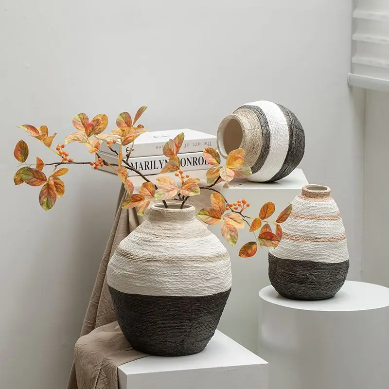 

Креативная грубая керамическая ваза в полоску, винтажная ваза для сушеных цветов, гидропонная ваза, современные поделки, украшения интерьера, украшение дома